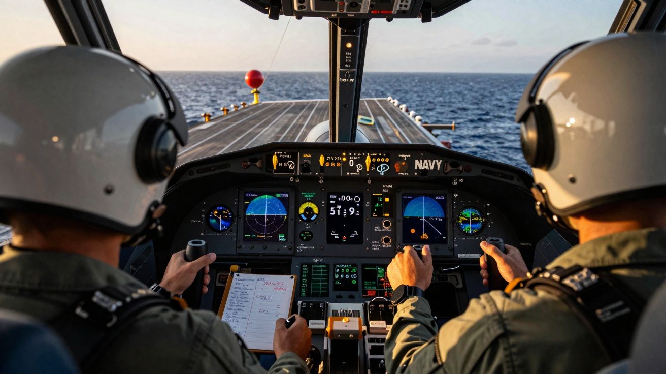 Twee piloten in cockpit van een marinevliegtuig op klaar voor start boven zee bij zonsondergang.
