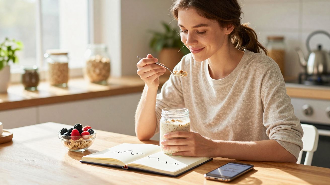 Vrouw eet ontbijt met yoghurt en muesli aan tafel terwijl ze in een boek schrijft in een lichte keuken.