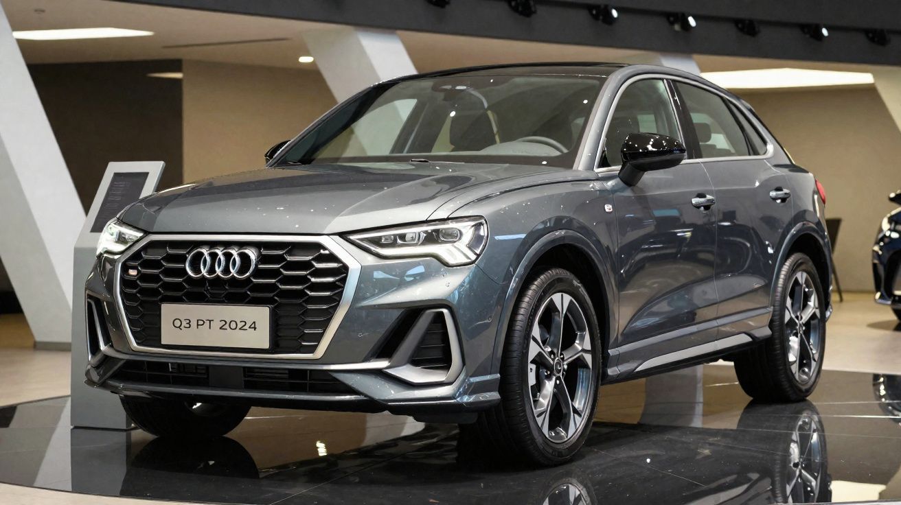 Grijze Audi Q3 PT 2024 SUV geparkeerd binnen in showroom op glanzende zwarte vloer.