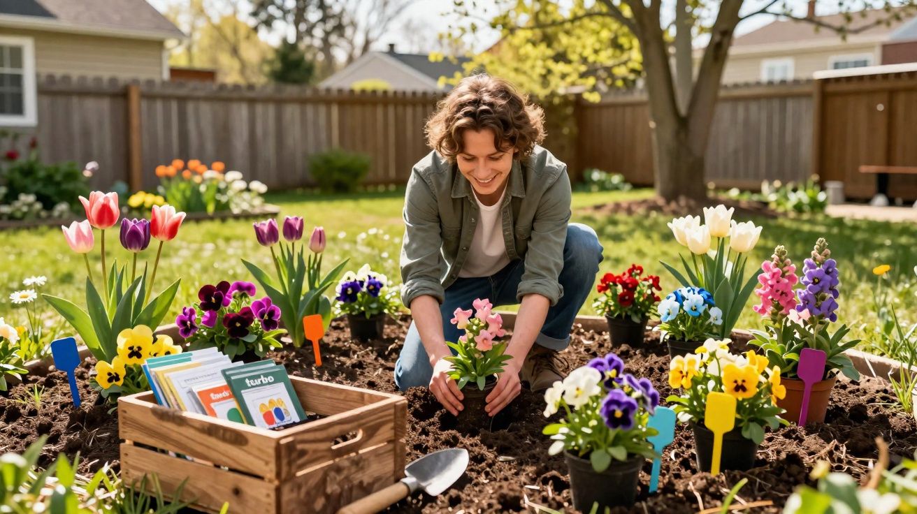 Vrouw plant kleurrijke bloemen in een tuin tijdens zonnige lente met houten krat en tuingereedschap naast haar.