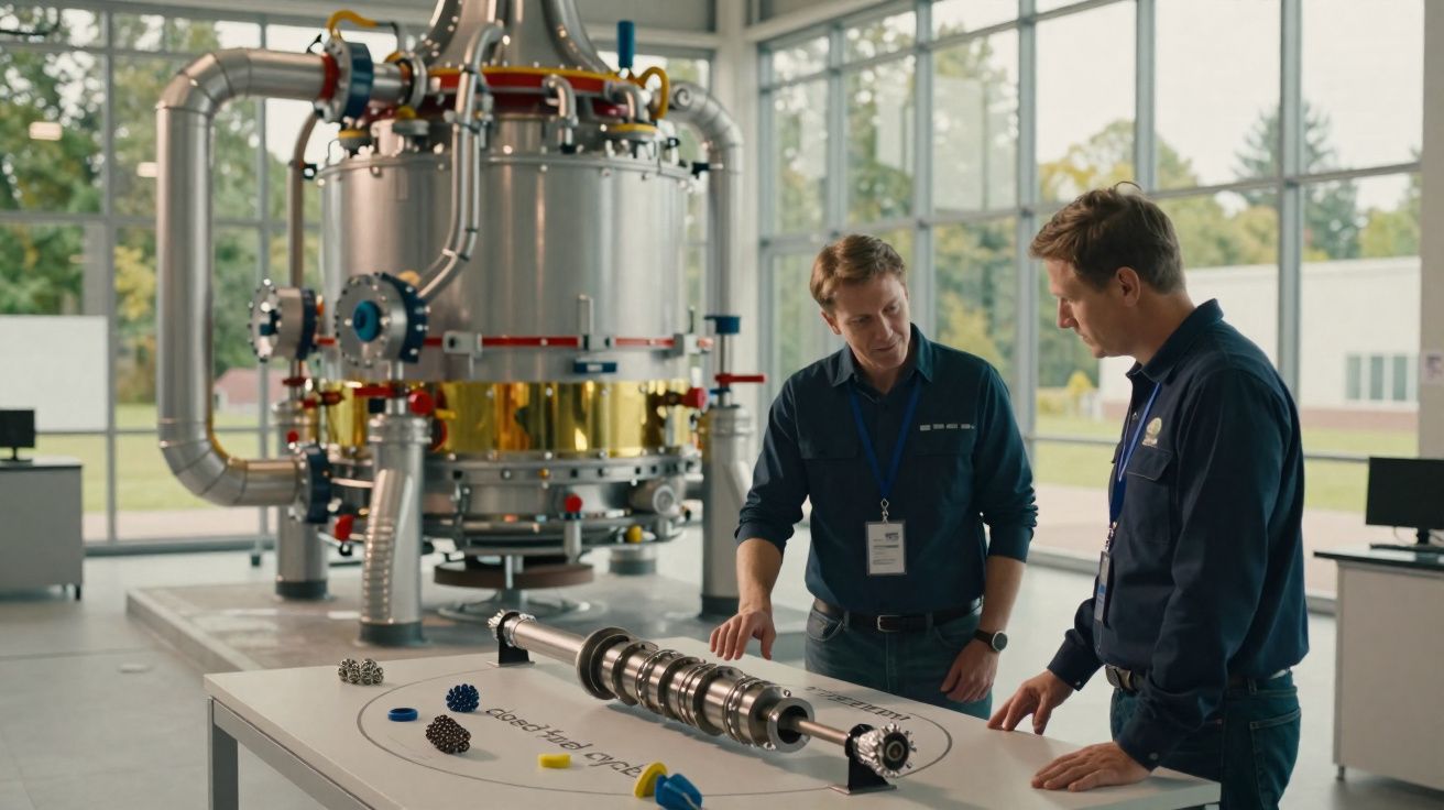 Twee mannen bespreken een technisch apparaat op een tafel in een moderne industriële onderzoeksruimte.