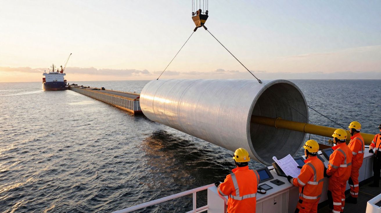 Arbeiders in oranje veiligheidspakken begeleiden het plaatsen van een grote pijp op zee met een kraan.