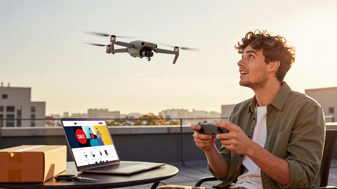 Jonge man bestuurt vliegende drone met afstandsbediening op het terras, laptop en pakket op tafel erbij.