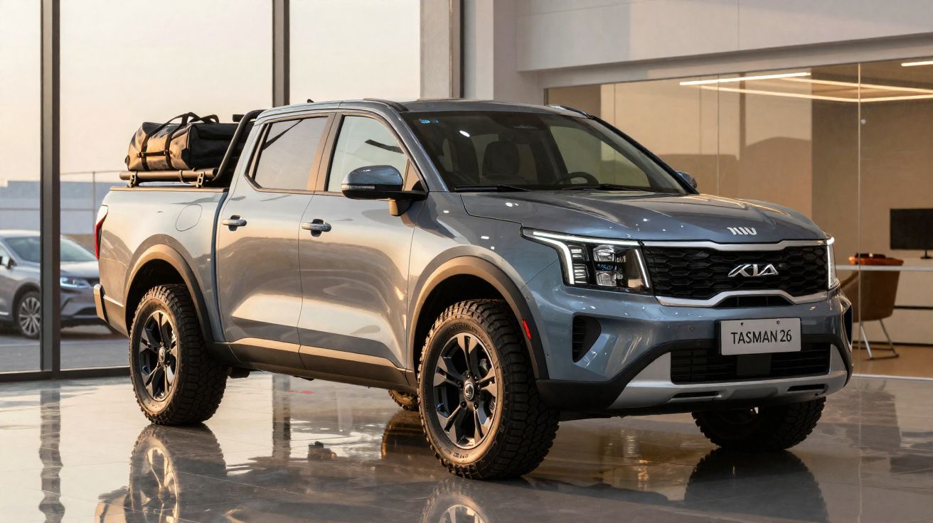 Grijze Kia Tasman pick-up truck met zwarte wielen en bagage op laadbak, geparkeerd in modern gebouw.