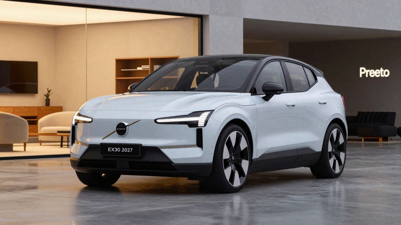 Witte Volvo EX30 elektrische SUV geparkeerd voor een modern gebouw met glazen gevel en interieur.