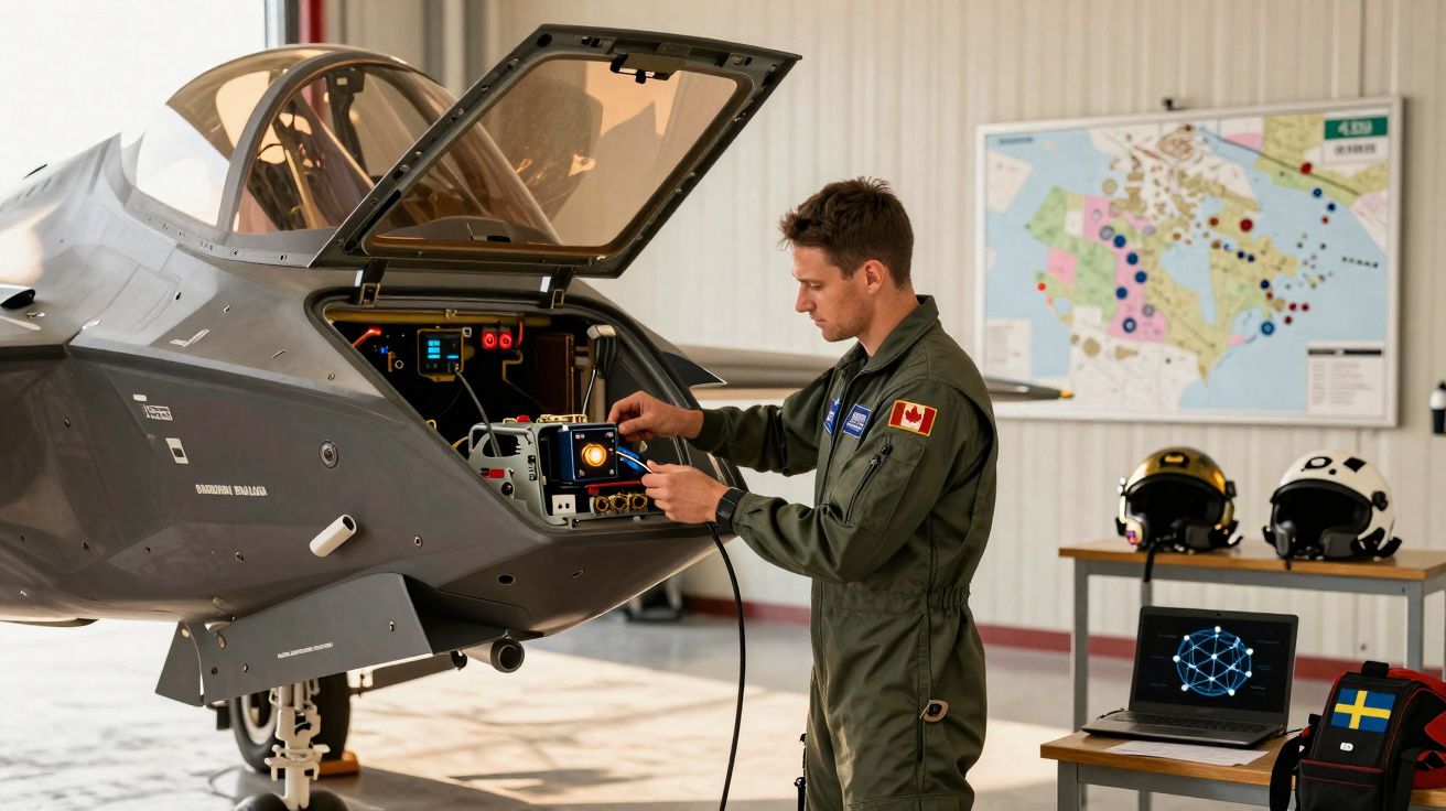 Technicus in groene overall voert onderhoud uit aan militaire straaljager in hangar met helmen en laptop op achtergrond.