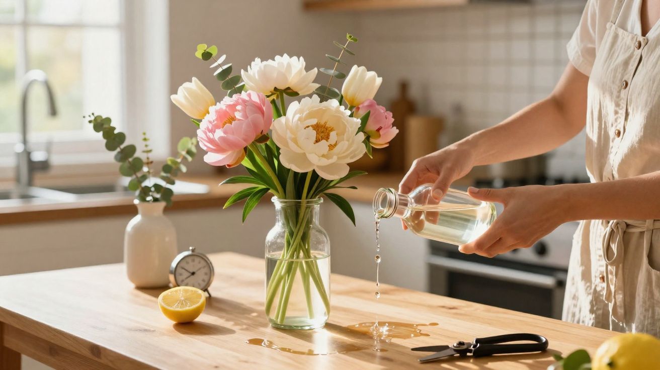 Vaas met roze en witte bloemen op houten tafel, persoon giet water, keukentijd en citroen op tafel.