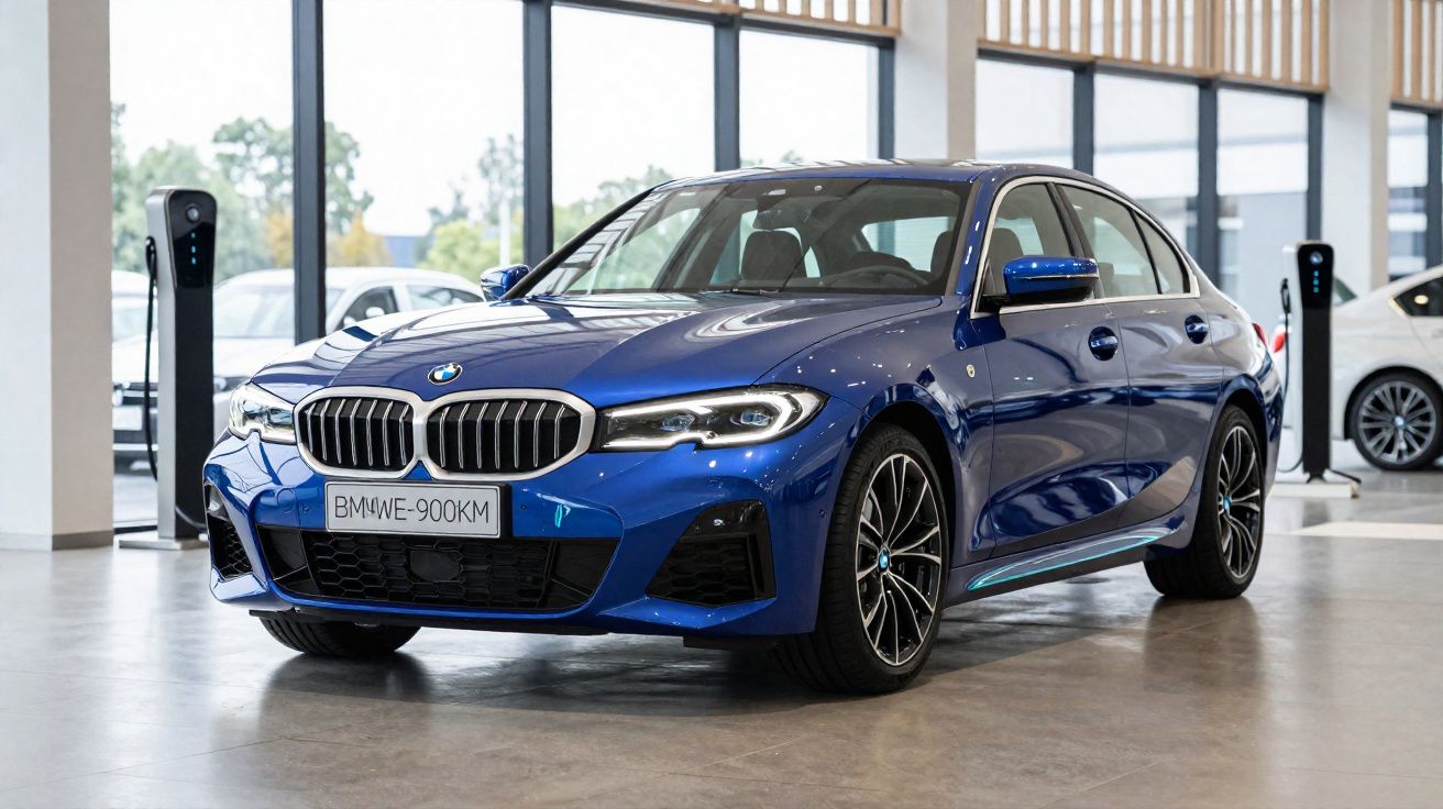 Blauwe BMW sedan geparkeerd in showroom met elektrische oplaadstations op de achtergrond.