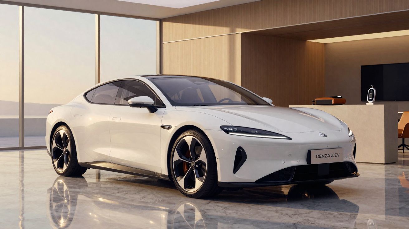 Witte elektrische sportwagen Denza Z EV staat in een modern interieur met grote ramen.