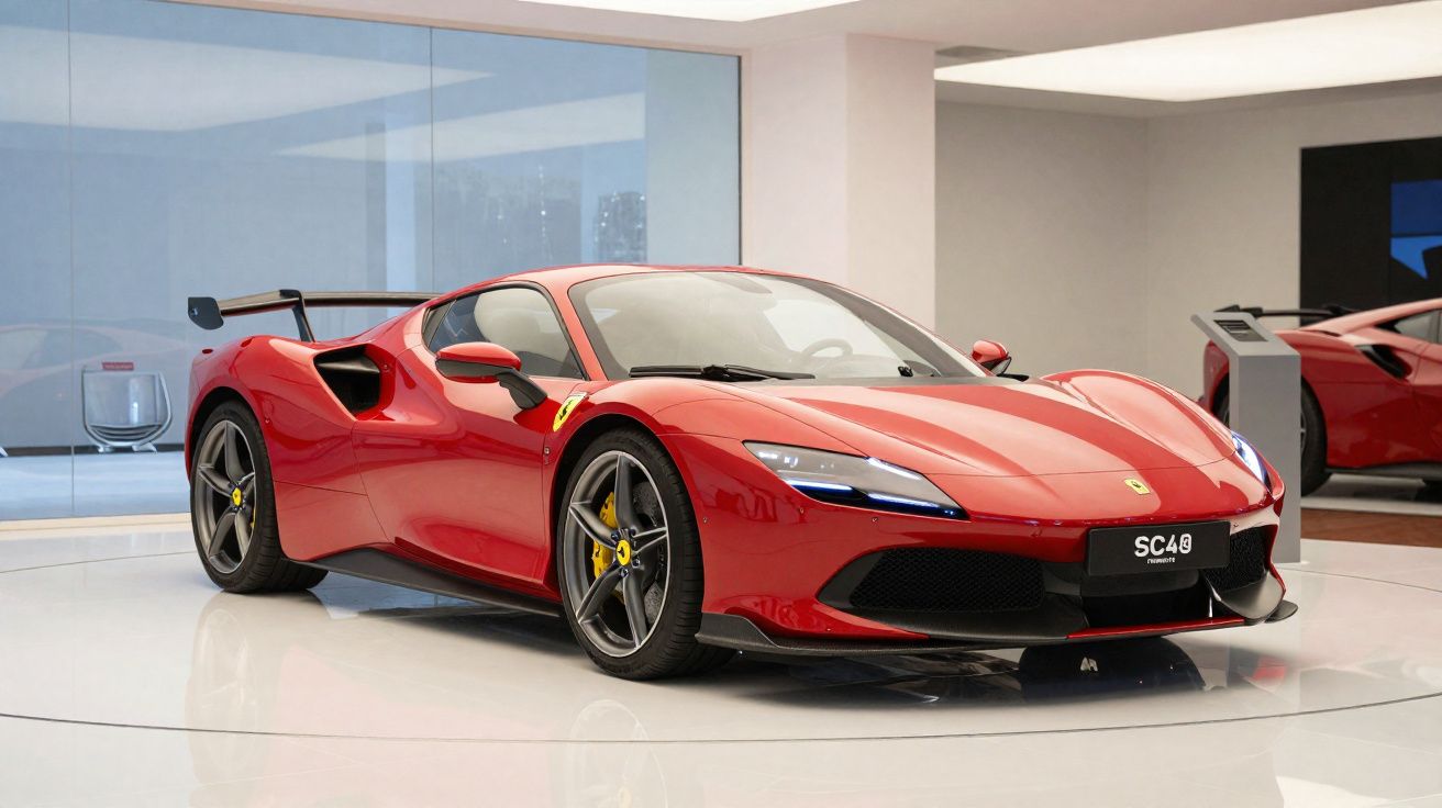 Rode Ferrari SC48 sportwagen in showroom met glanzende afwerking en zwart-witte accenten.