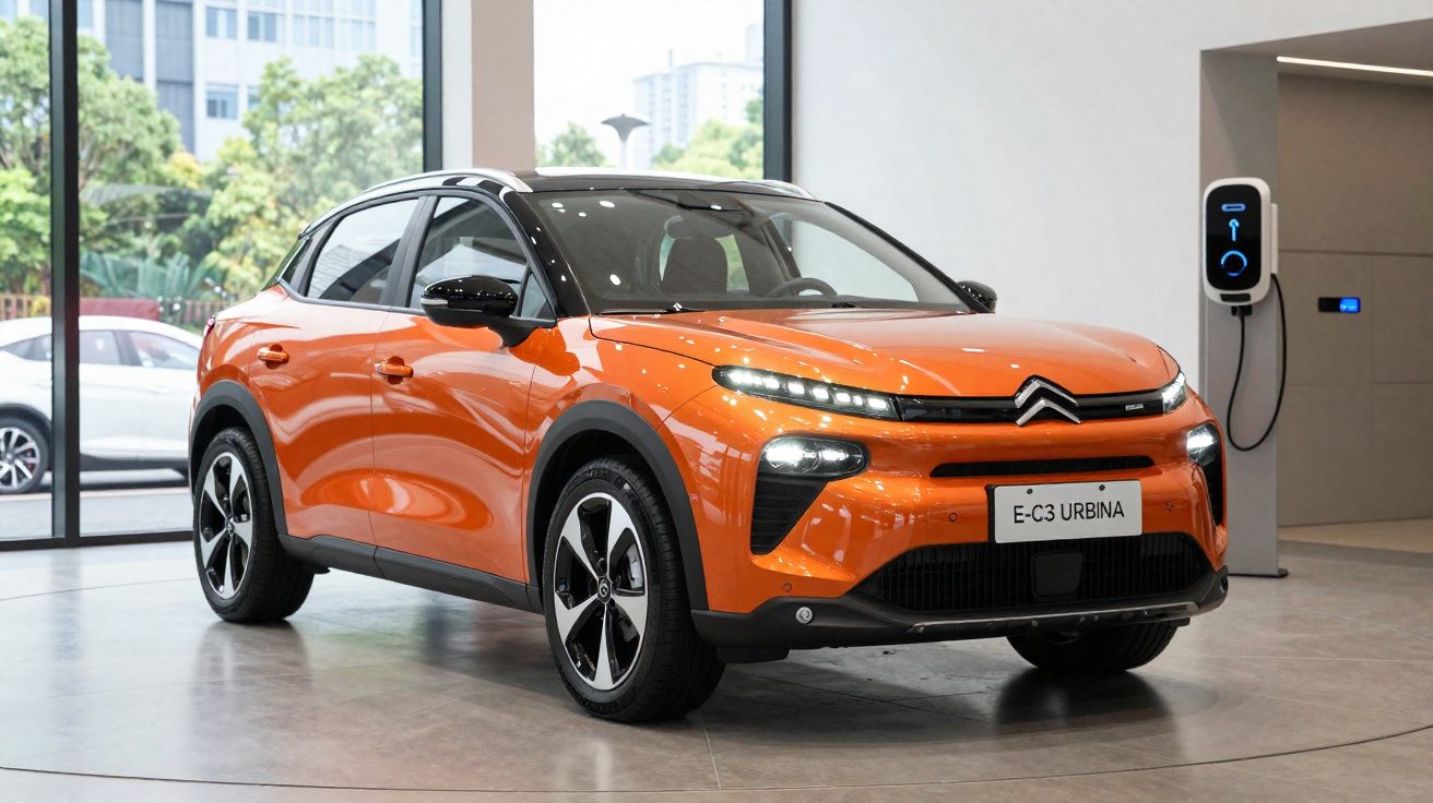 Oranje elektrische Citroën E-C3 Urbina SUV in showroom bij laadstation.
