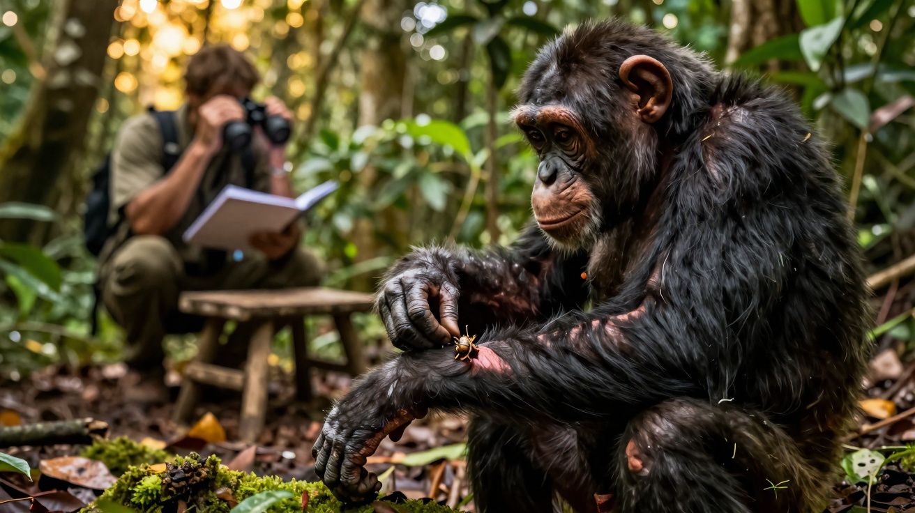 Chimpanseé die naar een insect op zijn arm kijkt, met een onderzoeker op de achtergrond in het bos.