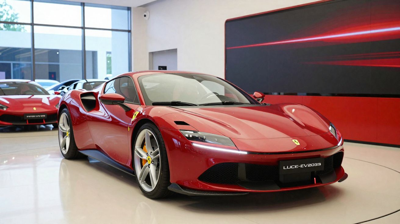 Rode Ferrari sportwagen in showroom met glanzende lak en gestroomlijnd ontwerp, model LUCE-EV2053.