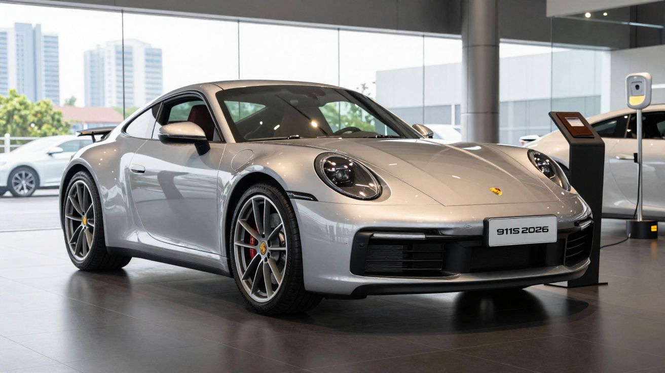 Zilveren Porsche 911 sportwagen in showroom met moderne gebouwen op de achtergrond.