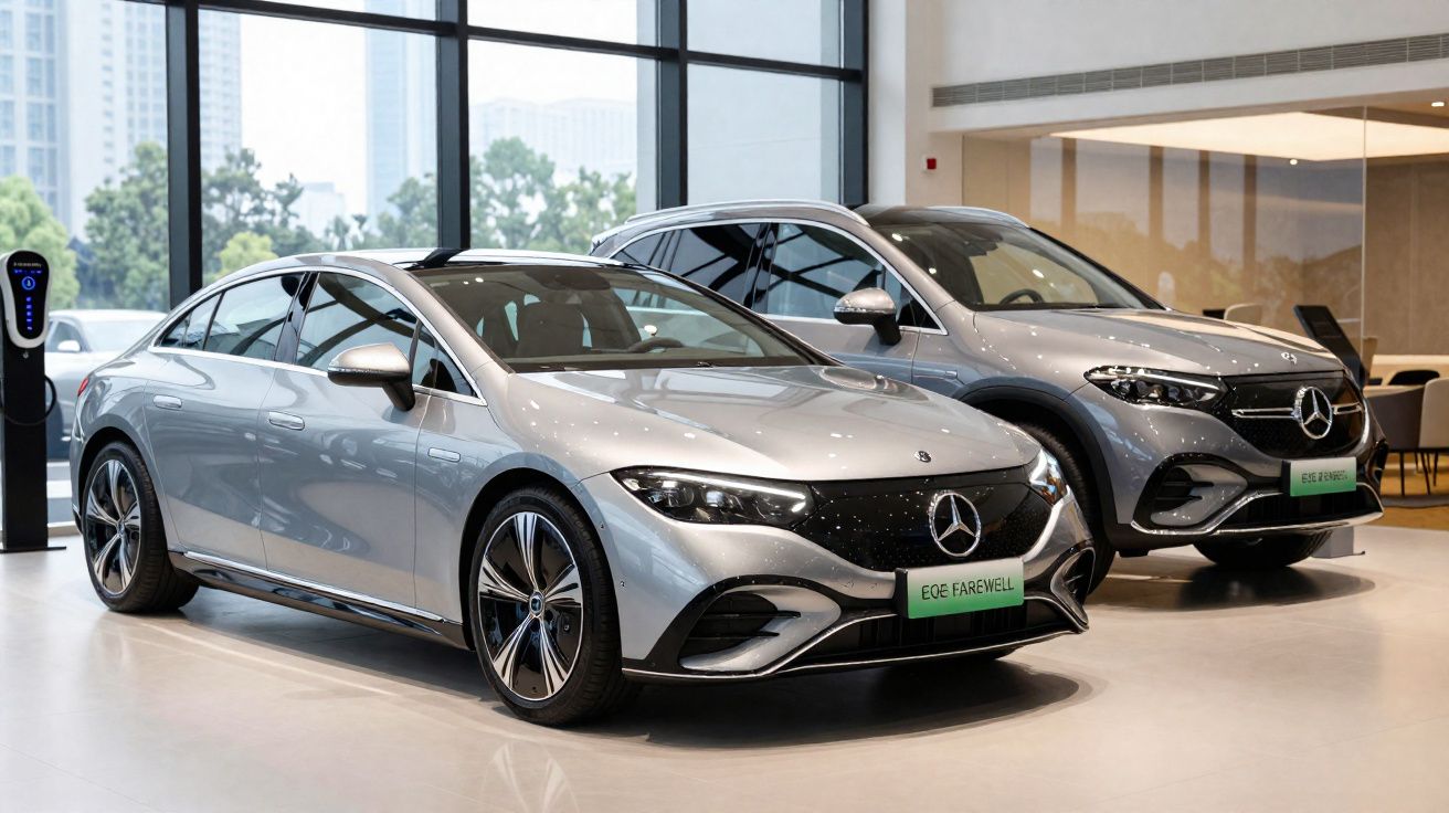 Twee zilveren Mercedes-Benz elektrische wagens in showroom met grote ramen en reflecties.
