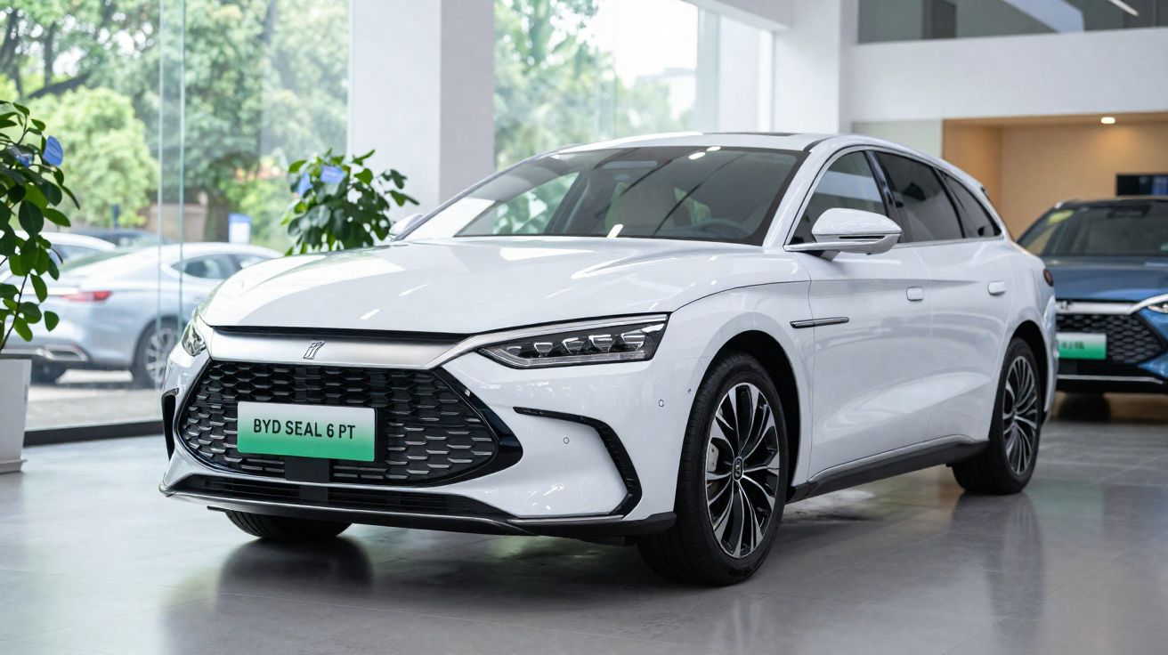 Witte BYD Seal 6 PT elektrische wagen in showroom met moderne ontwerp en zwarte accenten.