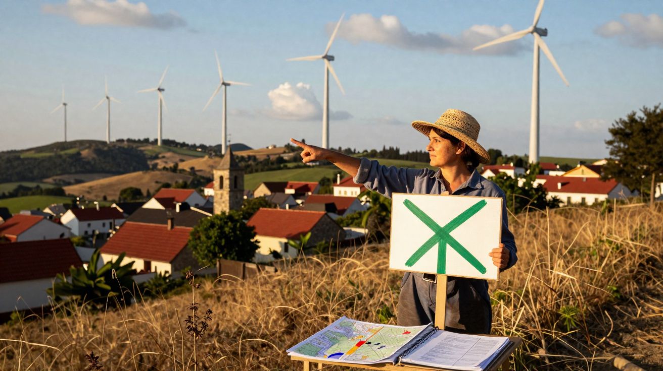 Vrouw met strohoed wijst naar windmolens in het landschap, houdt bord met groen kruis vast bij dorpsrand.