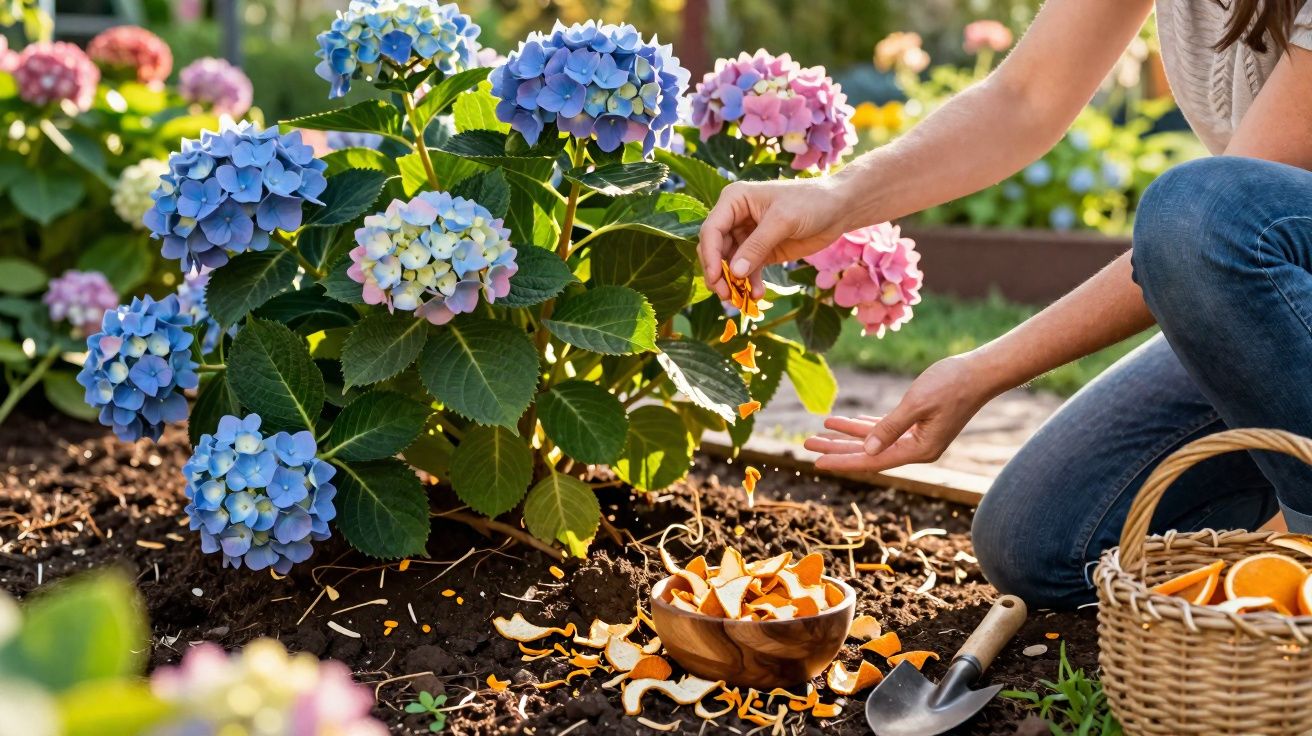 Vrouw die sinaasappelschillen aan hydrangea planten in tuin toevoegt om ze te bemesten.