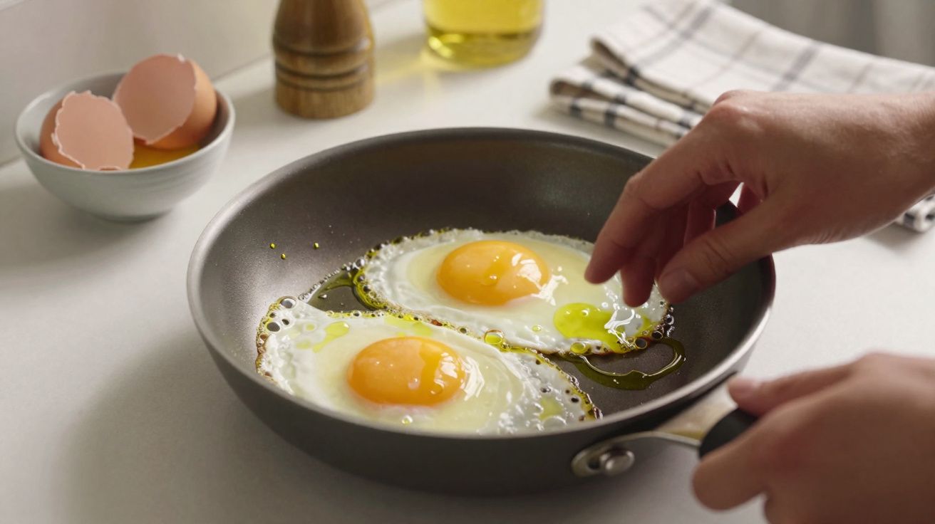 Twee spiegeleieren in een pan met olie, handen toevoegen, achtergronddoekje en schaal met eierschalen.
