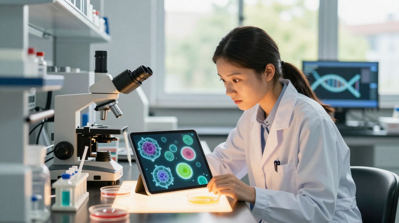 Vrouwelijke wetenschapper analyseert digitale beelden van cellen in een laboratorium met microscoop en tablet.