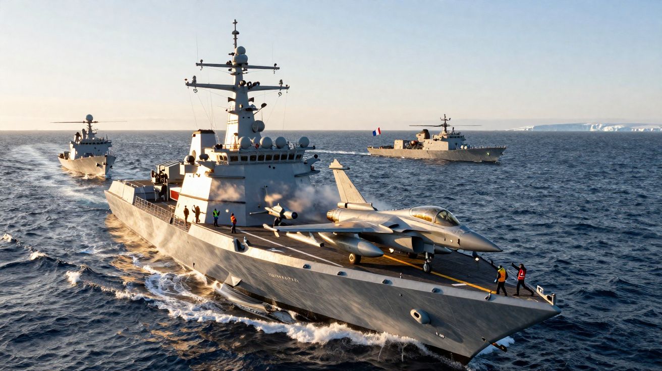 Marinefregat met een gevechtsvliegtuig aan dek en twee andere marineschepen op zee bij zonsondergang.