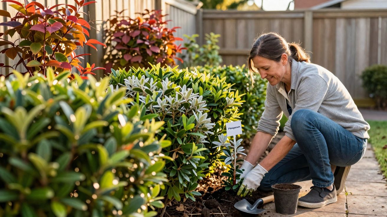 Vrouw plant groene struiken in tuin met houten schutting op achtergrond bij zonnig weer.