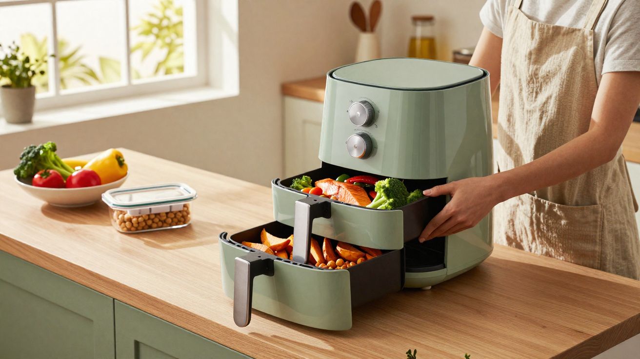 Persoon die dubbele lade van een groene airfryer opent met groenten en zalm erin geplaatst.