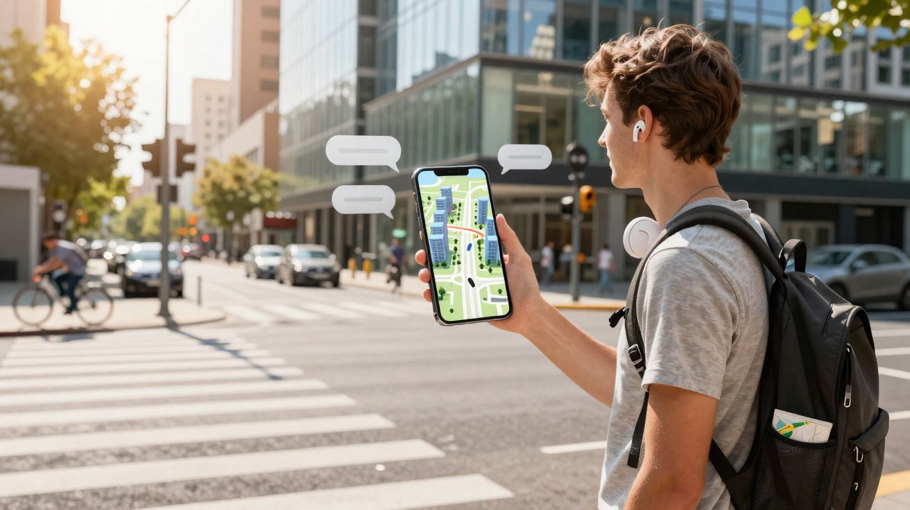 Jongeman met rugzak en oortjes checkt kaartnavigatie op smartphone aan drukke stedelijke oversteekplaats.