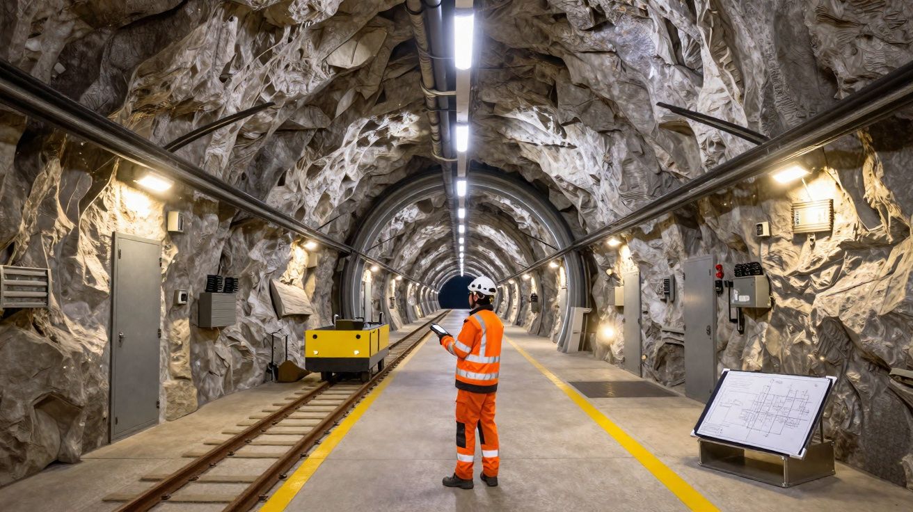 Een arbeider in oranje veiligheidsoutfit staat in een verlichte spoorwegtunnel met rotswanden.