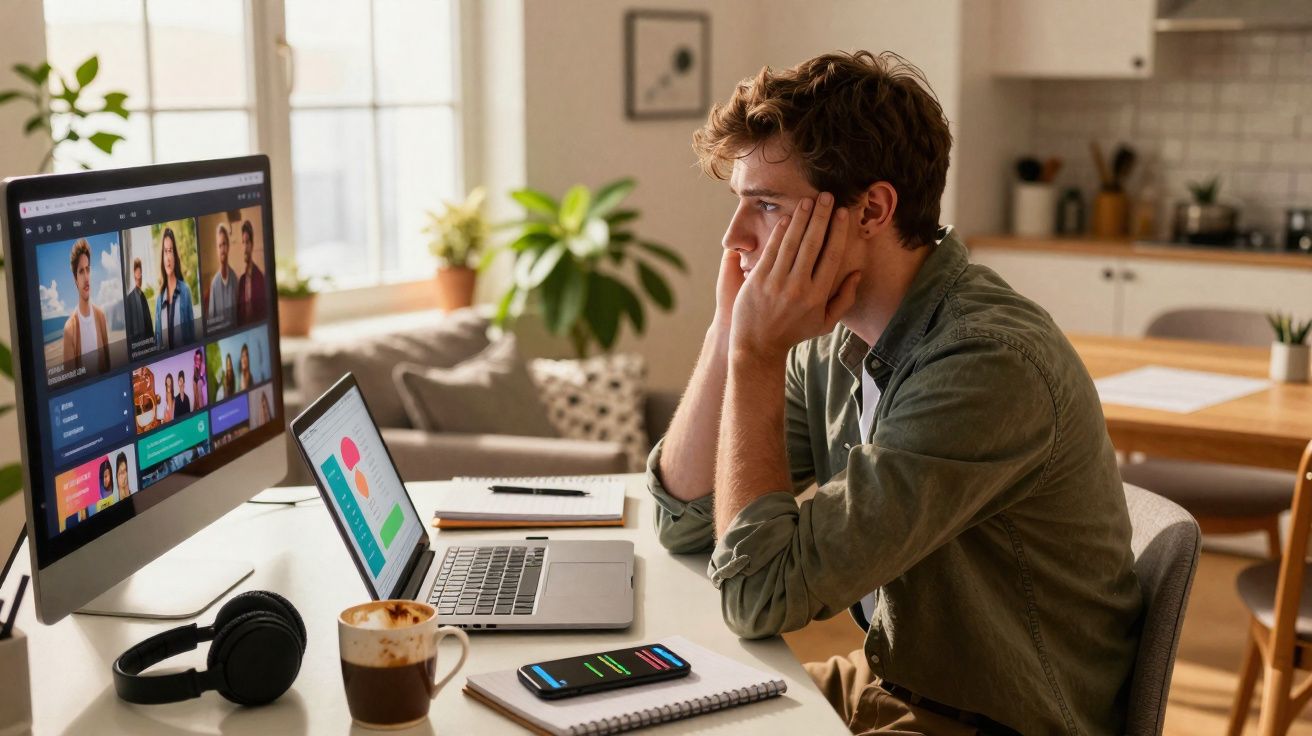 Jonge man kijkt nadenkend naar computerscherm met videofragmenten en grafieken thuis aan bureau.