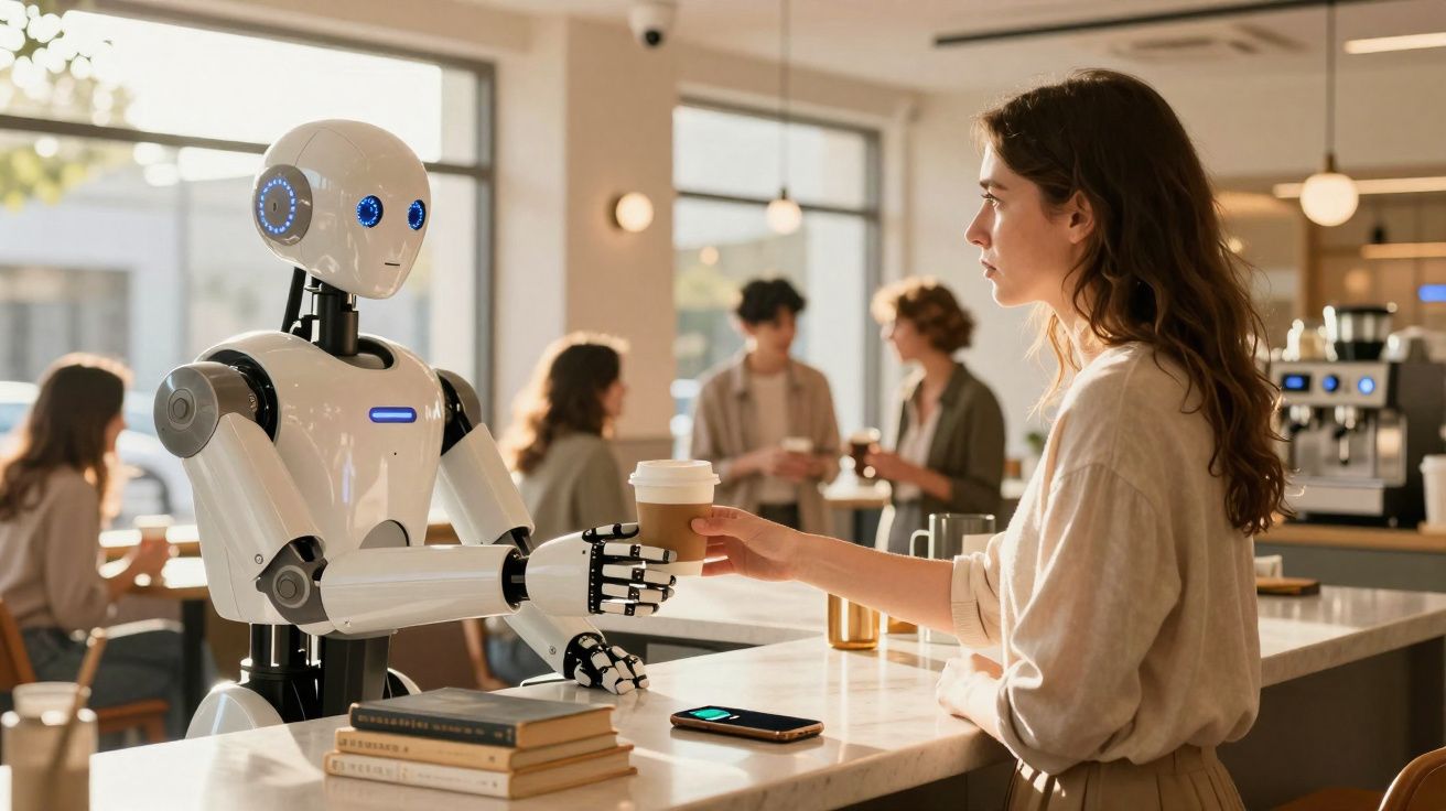 Vrouw ontvangt koffie van robotbarista in een moderne koffiebar met mensen op de achtergrond.