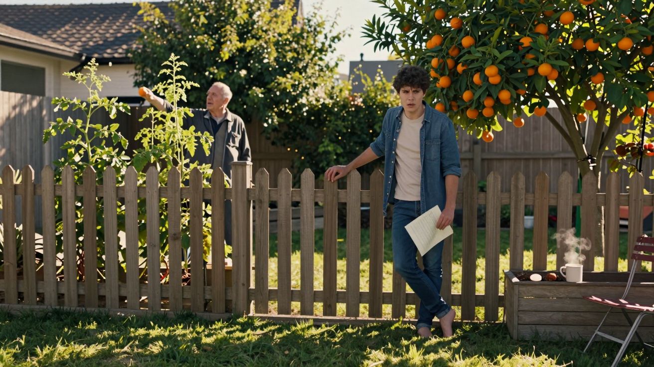 Jonge man met papier aan hek in tuin met sinaasappelboom, oudere man gießt planten achter houten schutting.