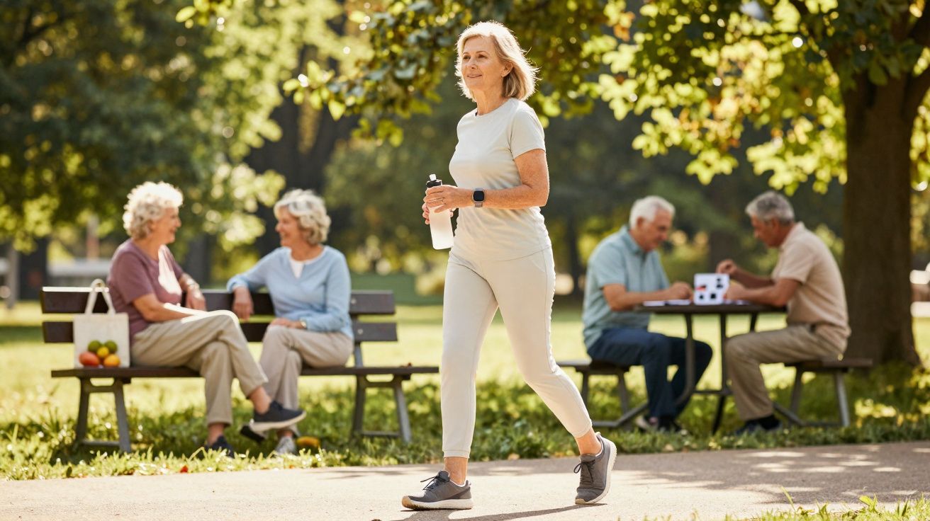 Oudere vrouw wandelt in park met waterfles, op de achtergrond ouderen zittend en spelend aan tafels.