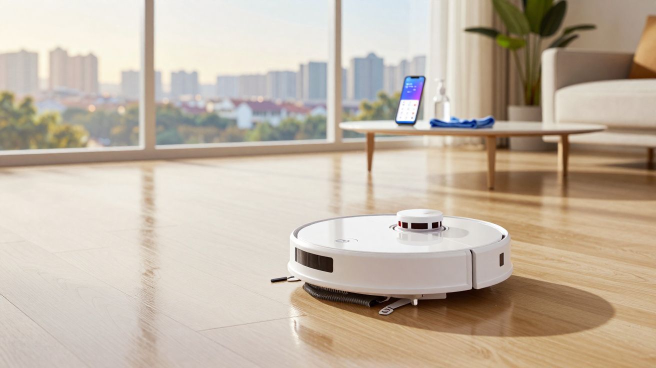 Witte robotstofzuiger die over een houten vloer rijdt in een moderne woonkamer met grote ramen.