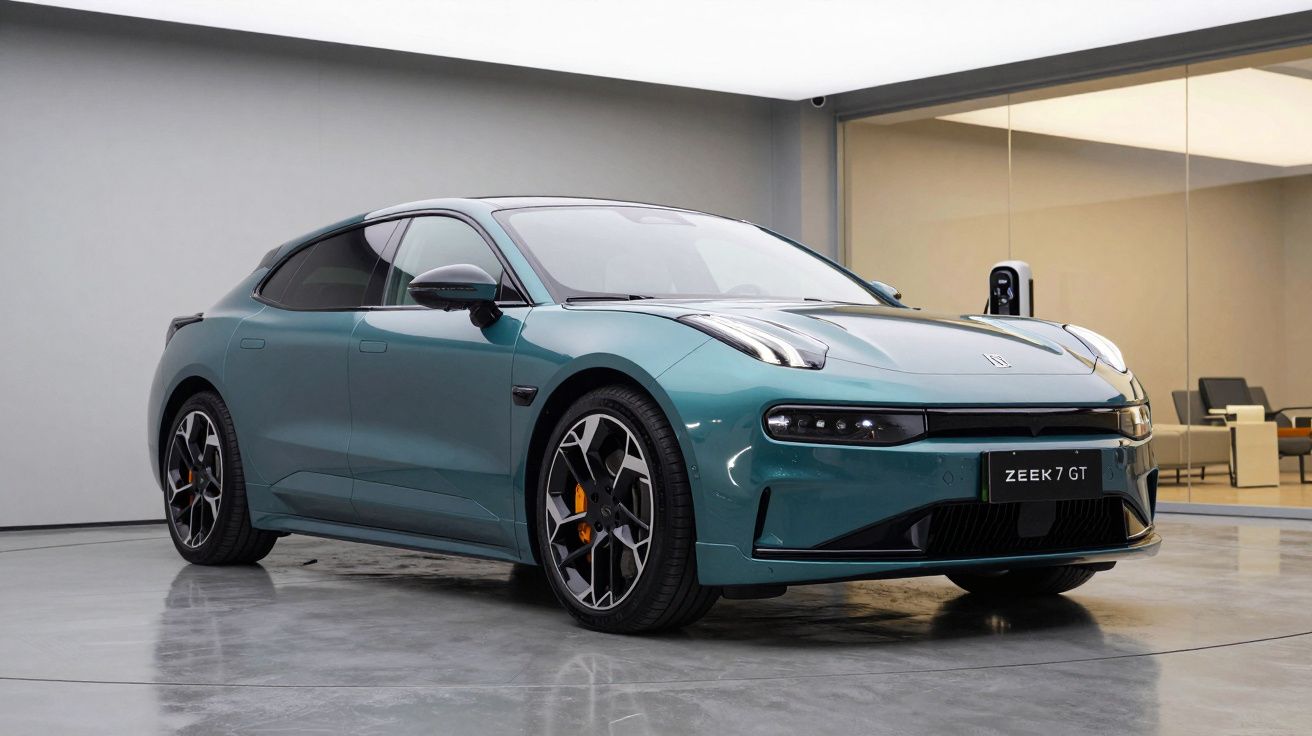 Blauwe Zeek7 GT elektrische sportwagen in moderne showroom met glanzende vloer en neutrale achtergrond.