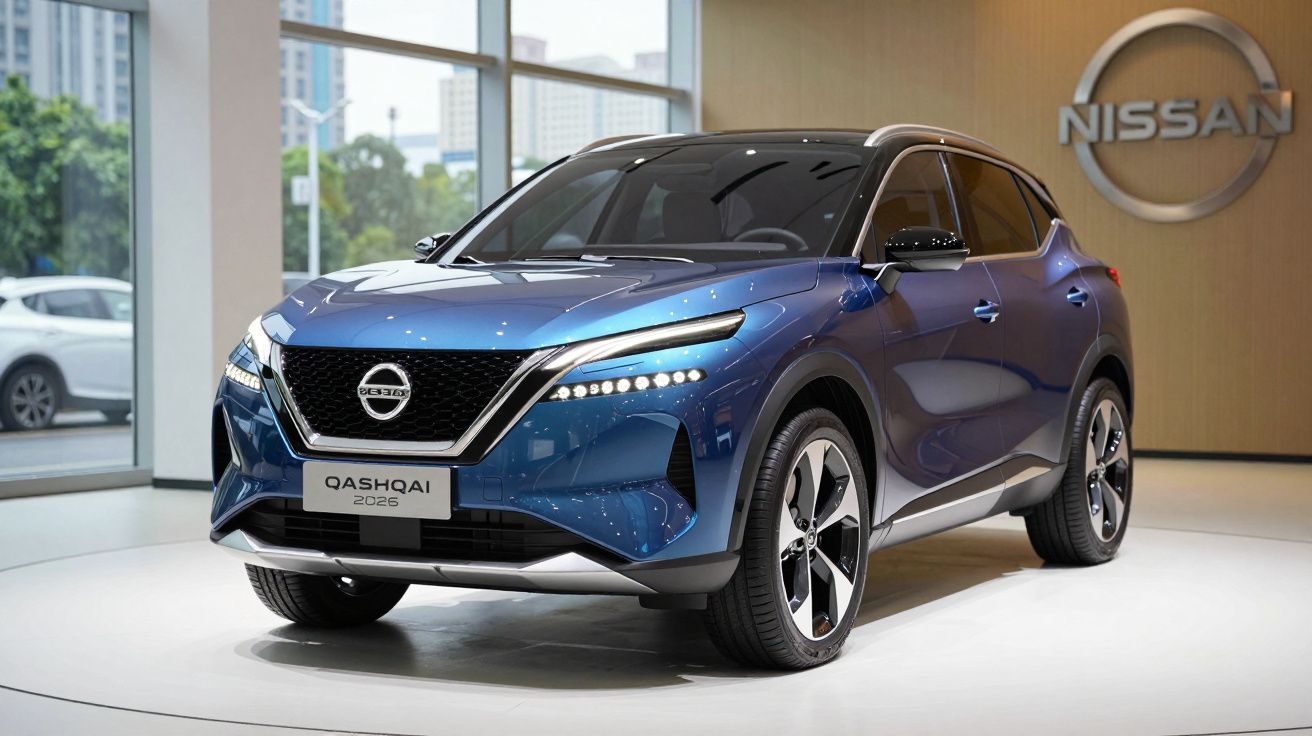 Blauwe Nissan Qashqai 2026 SUV in showroom met Nissan-logo op achtergrond