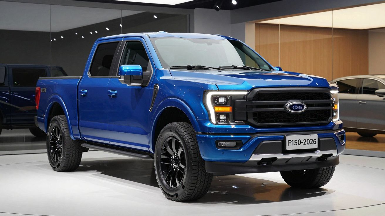 Blauwe Ford F-150 pick-up truck met zwarte accenten, geshowd op een autobeurs binnenruimte.