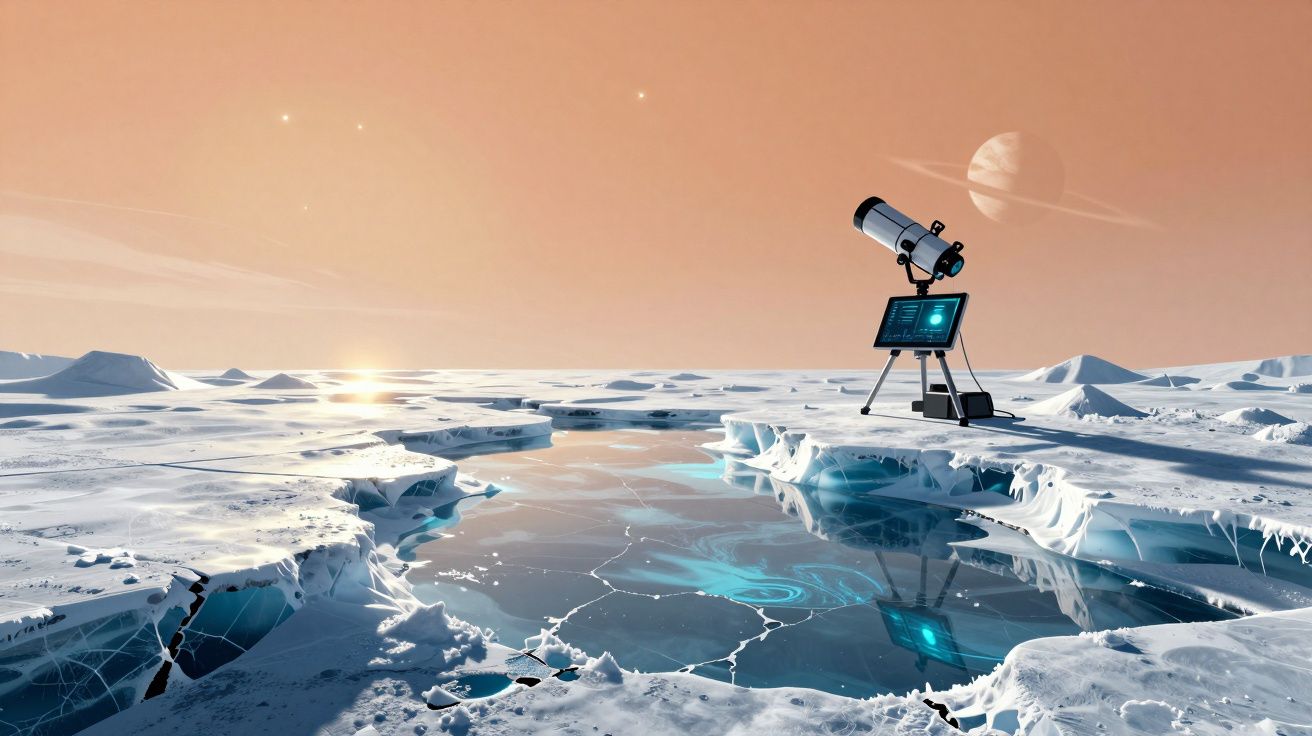 Een telescoop staat op ijzige vlaktes naast een bevroren meer met een planeet aan de oranje hemel.