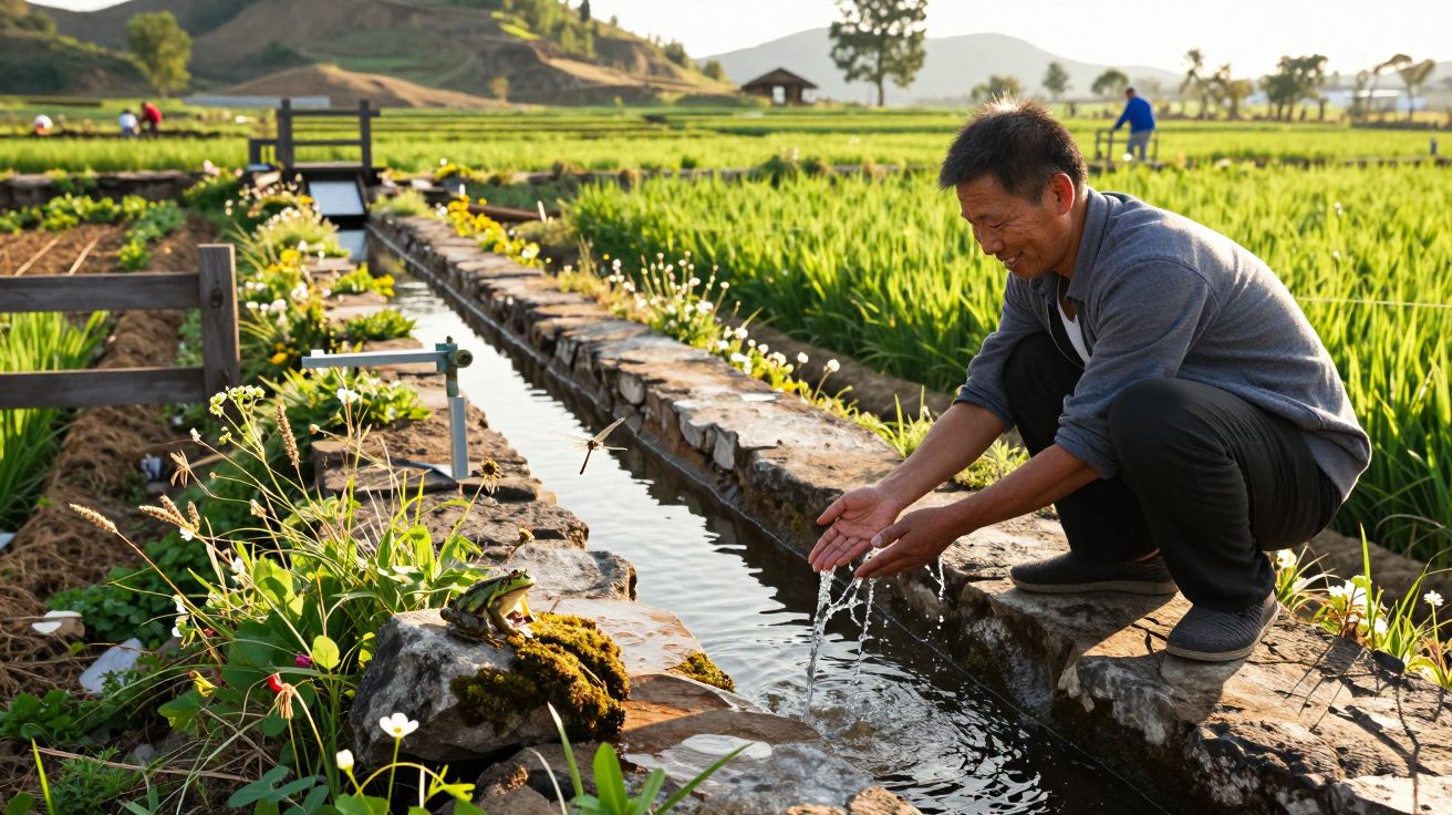 Man die water uit een irrigatiekanaal in een groen veld in een landelijke omgeving schept.