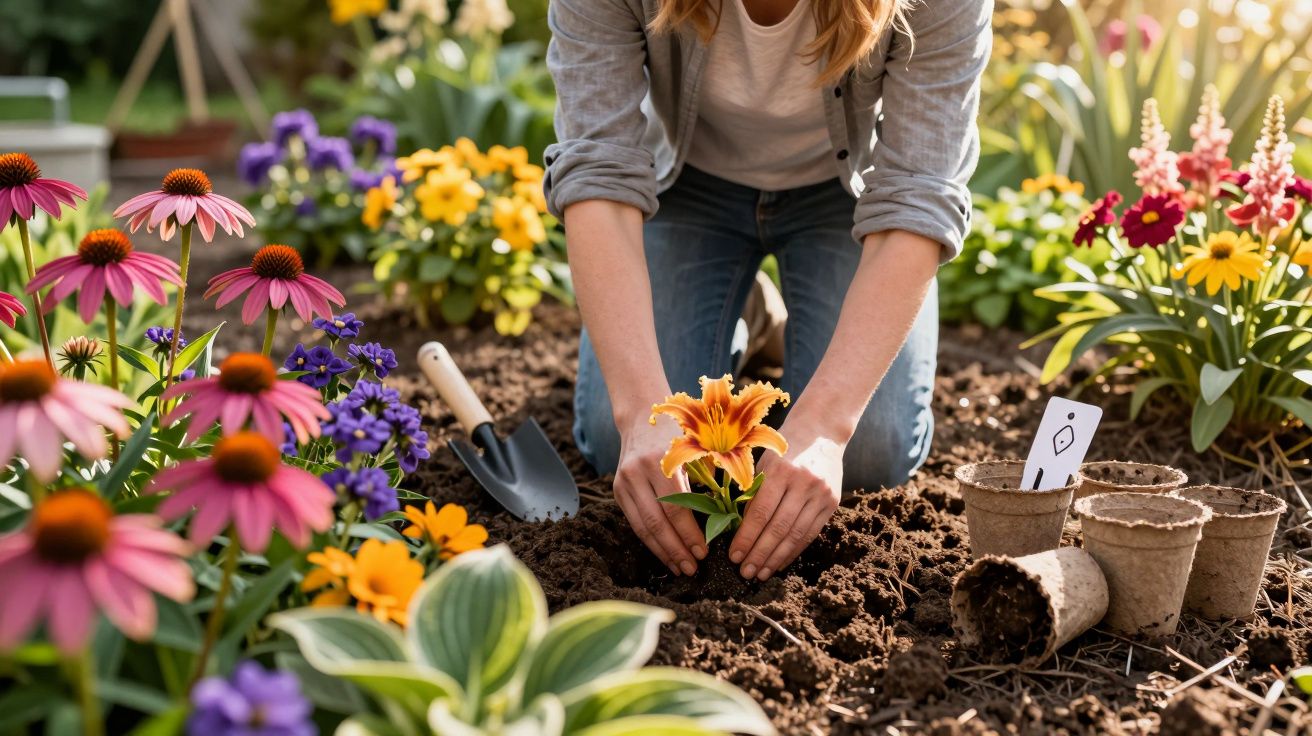 Persoon plant een oranje bloem in de tuin omringd door kleurrijke bloemen en plantenbakjes.