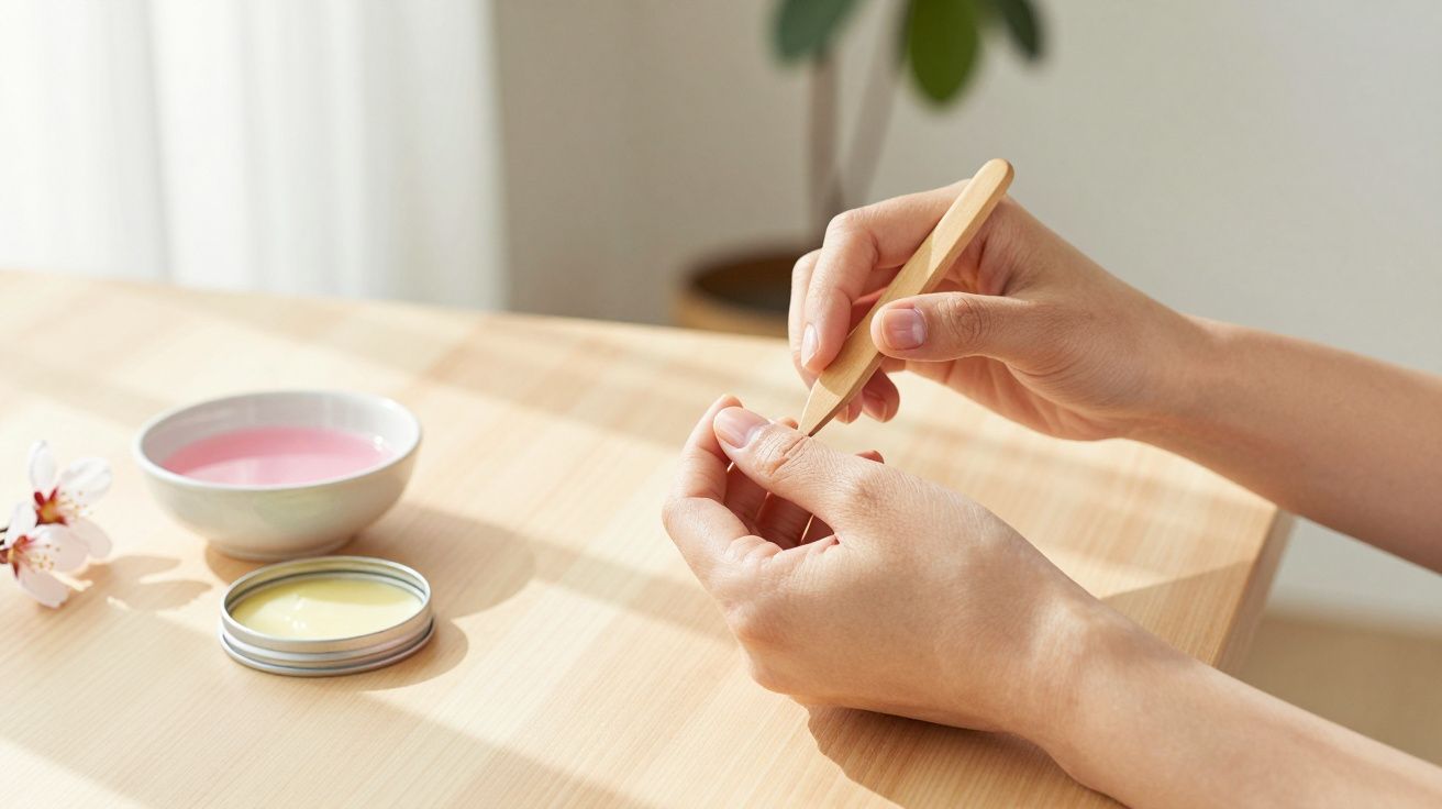 Persoon verzorgt nagels met houten stokje aan licht houten tafel met nagelcrème en kom roze water.