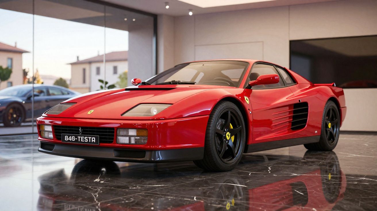 Rode Ferrari 848 Testarossa sportwagen geparkeerd in moderne showroom met glanzende marmeren vloer.