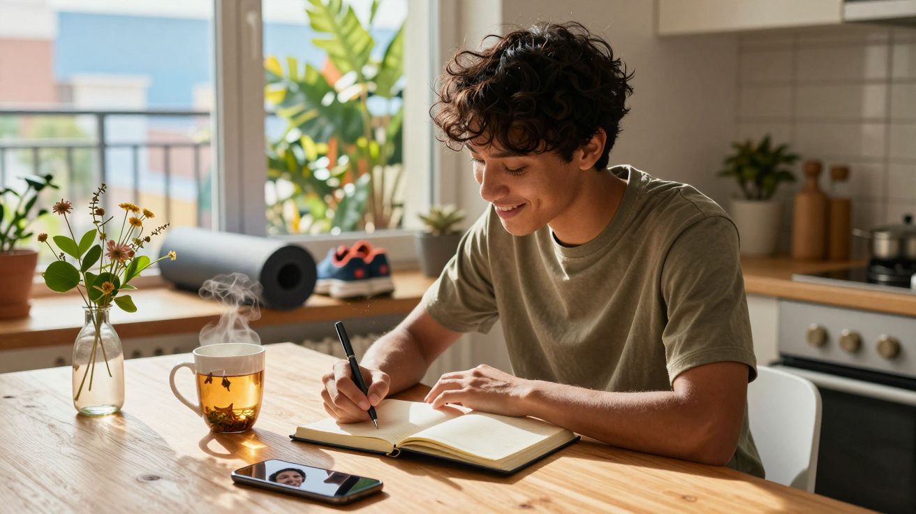 Jonge man schrijft in notitieboekje aan keuken tafel met thee, telefoon en bloemenvaasje naast zich.