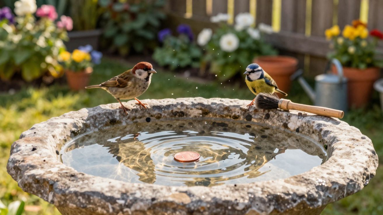 Twee kleine vogels op een stenen vogelbad gevuld met water en een penseel, omringd door planten en bloemen.