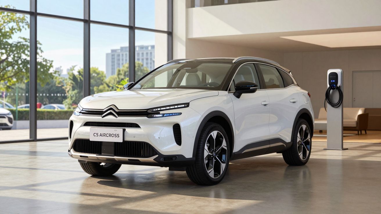 Witte Citroën C5 Aircross SUV in showroom met oplaadpaal naast de auto.