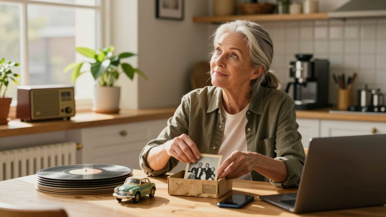 Oudere vrouw die nostalgisch foto's bekijkt aan tafel met laptop, vinylplaten en speelgoedauto.