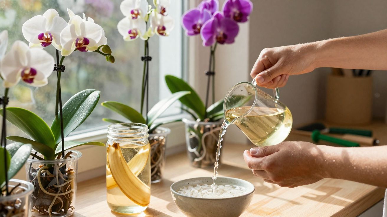 Iemand schenkt water in een kom op een zonnige vensterbank met witte en paarse orchideeën.