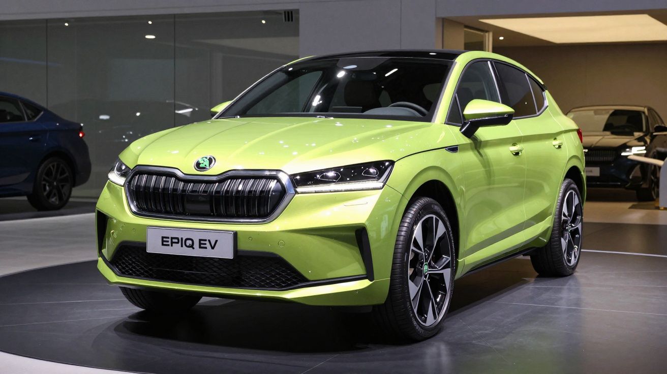 Lichtgroene Škoda Epiq EV elektrische SUV geparkeerd in een showroom met moderne verlichting.
