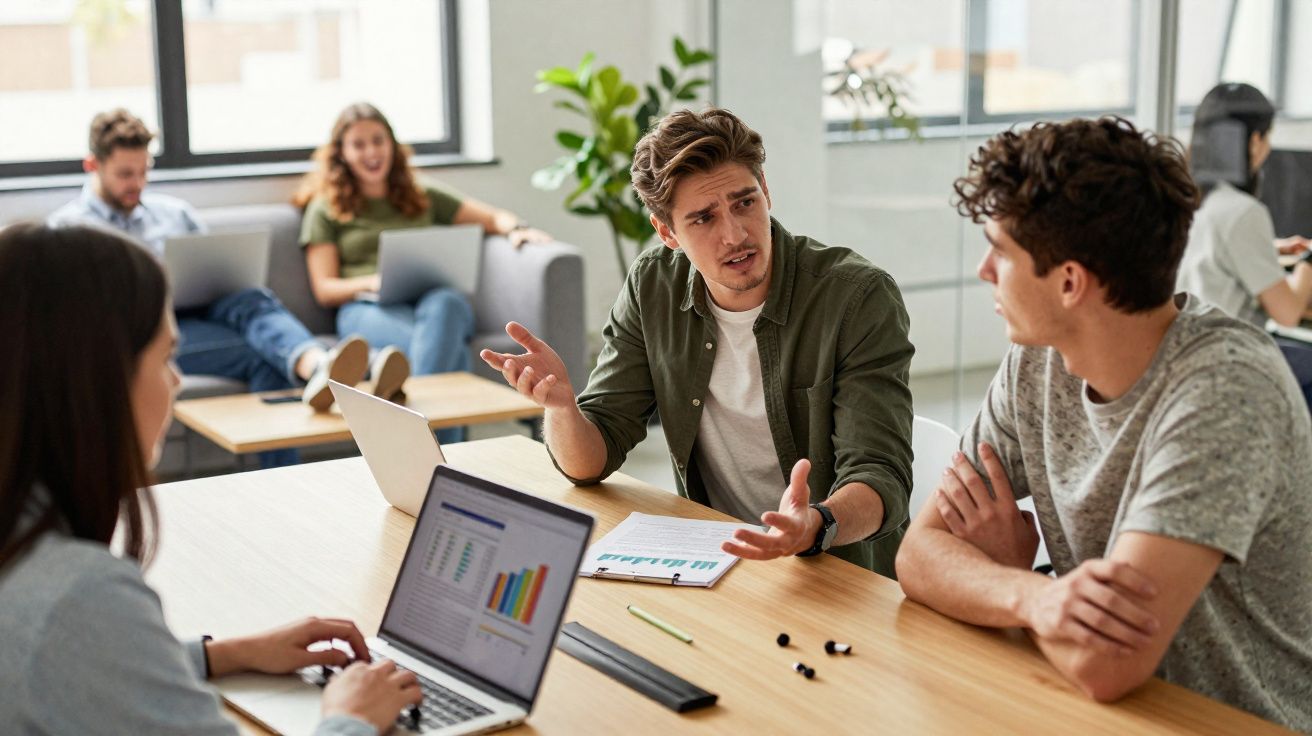 Jonge mensen voeren een discussie aan een tafel met laptops en grafieken in een moderne kantoorruimte.