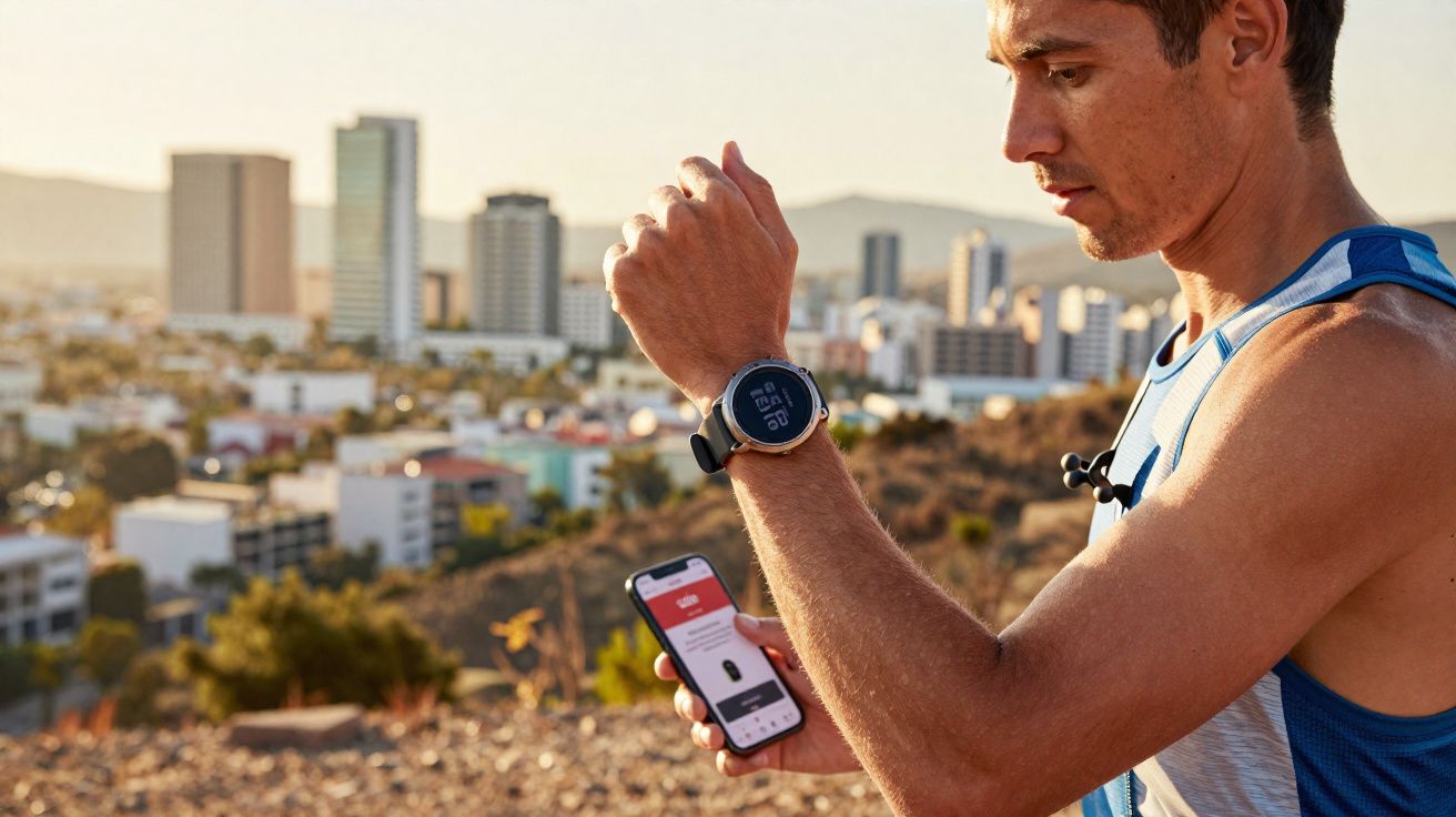 Man kijkt naar zijn sporthorloge terwijl hij een fitnessapp op zijn smartphone gebruikt met stadszicht op de achtergrond.